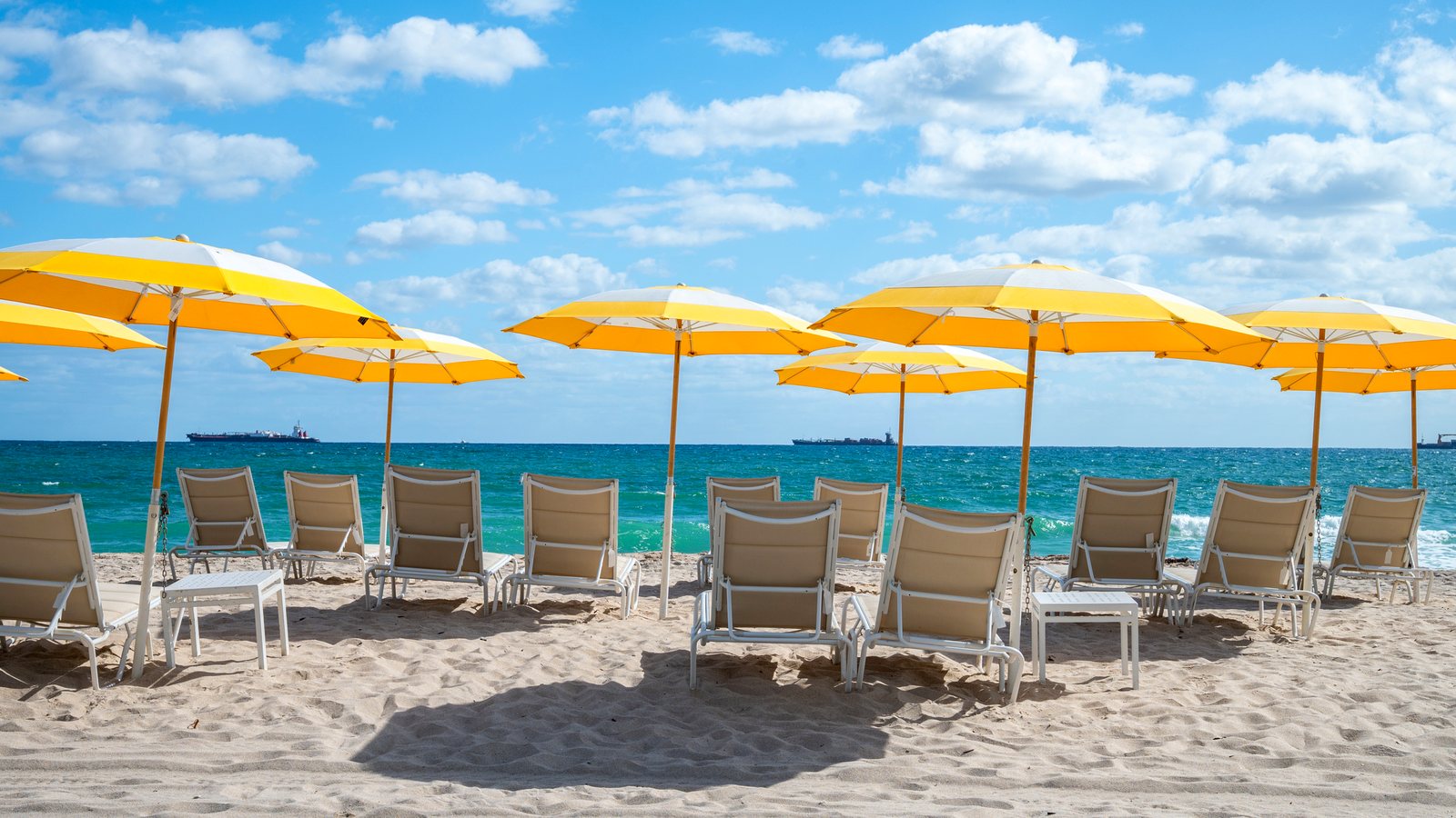 Row of yellow umbrellas and empty chairs on white sand
