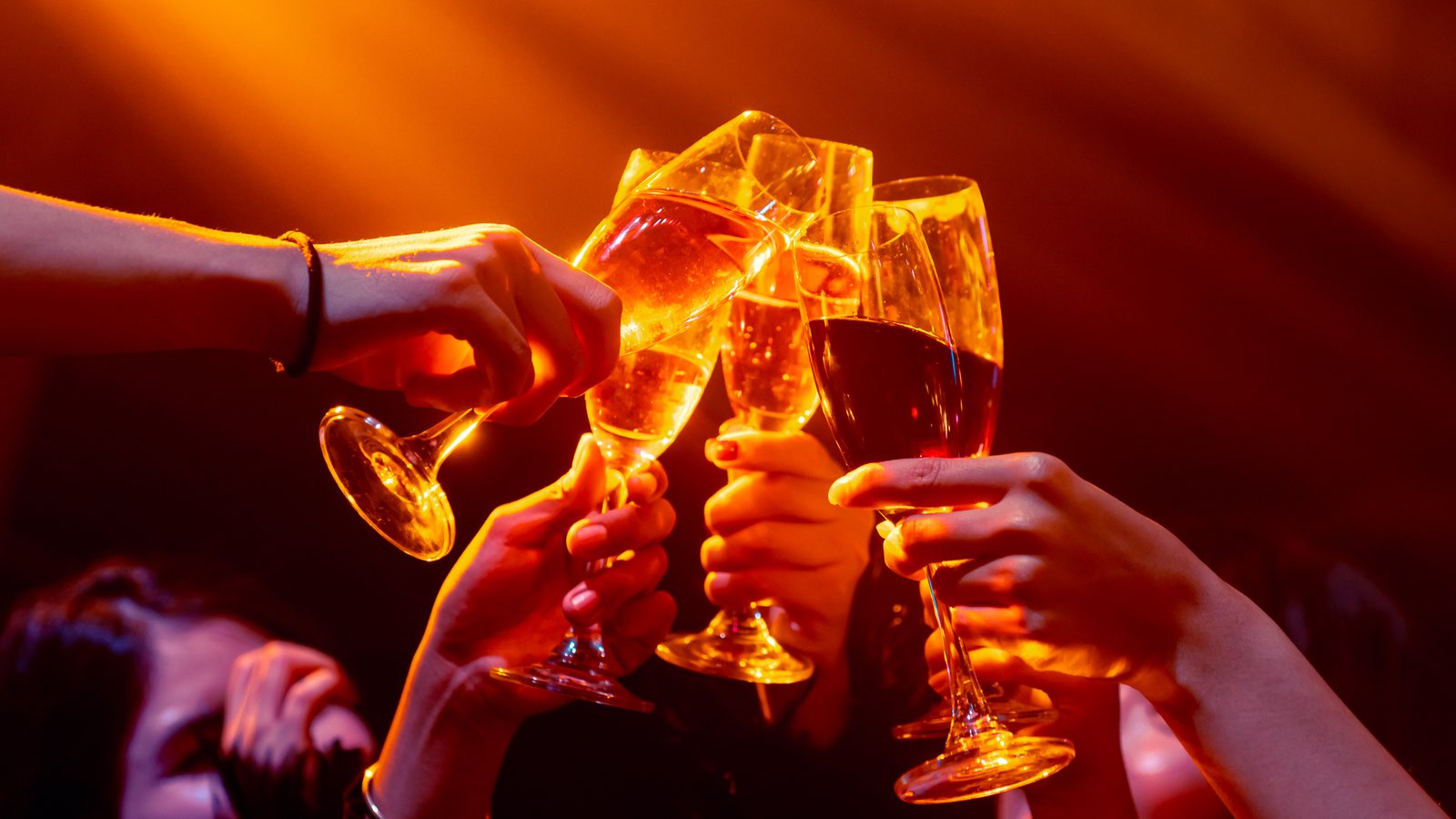 Group toasting at a party in a dance club at night
