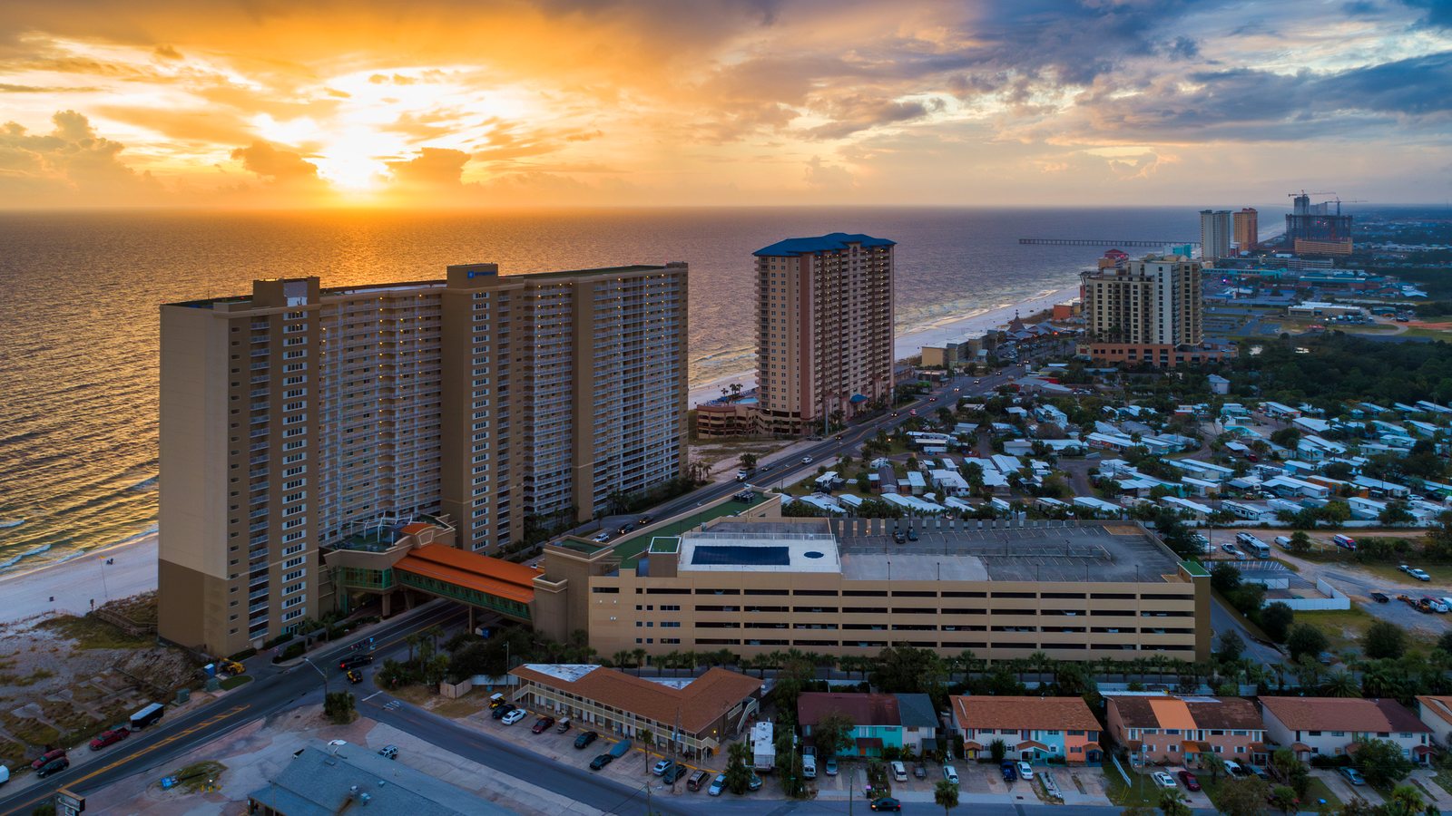 Panama City Beach coastline and condo towers at sunset